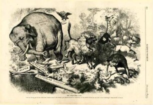 The third-term panic. "An Ass, having put on the Lion's skin, roamed about in the Forest, and amused himself by frightening all the foolish Animals he met with in his wanderings." - Shakespeare or Bacon : ein Esel, der den New York Herald darstellt, hat sich ein Löwenfell übergezogen und erschreckt damit alle anderen Tiere im Wald. Der Elefant der Republikaner rennt auf eine Fallgrube zu
