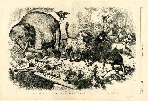 The third-term panic. "An Ass, having put on the Lion's skin, roamed about in the Forest, and amused himself by frightening all the foolish Animals he met with in his wanderings." - Shakespeare or Bacon : ein Esel, der den New York Herald darstellt, hat sich ein Löwenfell übergezogen und erschreckt damit alle anderen Tiere im Wald. Der Elefant der Republikaner rennt auf eine Fallgrube zu