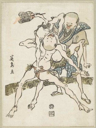 Zwei Sumō-Ringer mit Schiedsrichter