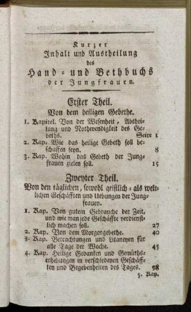 Kurzer Inhalt und Austheilung des Hand- und Bethbuchs der Jungfrauen.