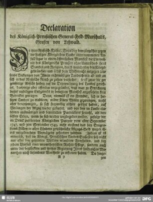 Declaration des Königlich-Preußischen General-Feld-Marschalls, Grafen von Lehwald