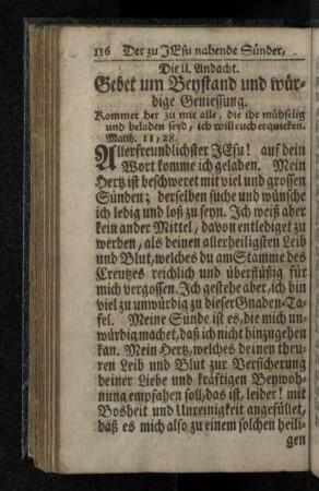 Die II. Andacht. Gebet um Beystand und würdige Geniessung.