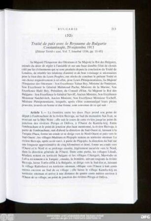 (32) Traité de paix avec le Royaume de Bulgarie Constantinople, 29 septembre 1913