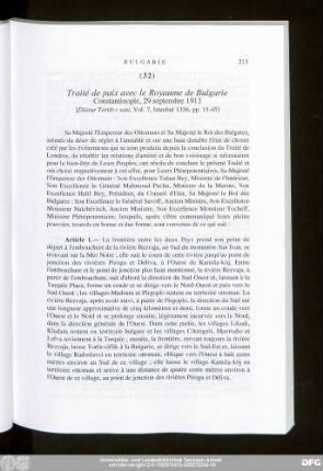 (32) Traité de paix avec le Royaume de Bulgarie Constantinople, 29 septembre 1913
