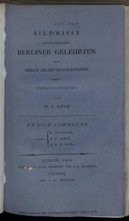 Sammlung 2: Bildnisse Jetztlebender Berliner Gelehrten Mit Ihren Selbstbiographien. Zweite Sammlung