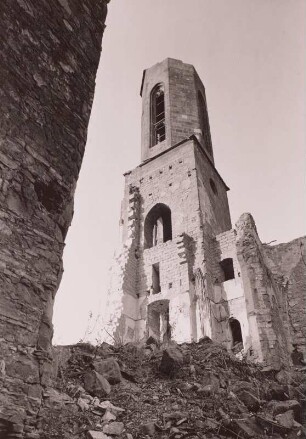 Dresden, Sophienkirche, Nordwestturm, Blick aus der Ruine nach Abbruch der Westwand