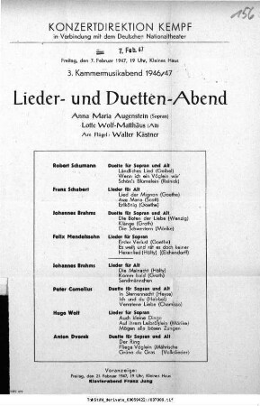 3. Kammermusikabend 1946/47 Lieder- und Duetten-Abend