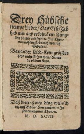 Drey Huebsche || neuwe Lieder/ Das Erst/ Jch || hab mir auß erkohrẽ ein J°ung=||ling huepsch vnd feyn/ [et]c. Jm Thon/|| von nœhten ist/ das ich jetzt trag || Gedult/ [et]c.|| Das ander Lied/ Kein grœssers || Leyd nicht ist/ Jm thon/ Venus || du vñ dein Kind.|| Daß dritt/ Zwey ding wünsch || ich auff Erden ... Jn || seinem eygenen Thon/ [et]c.||