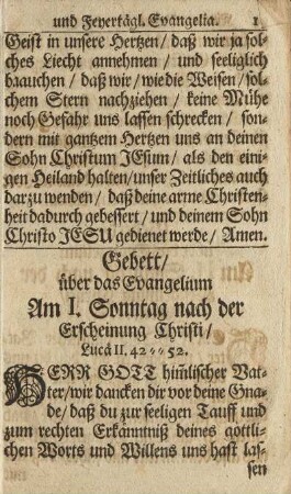 Gebett über das Evangelium Am I. Sonntag nach der Erscheinung Christi/ ...