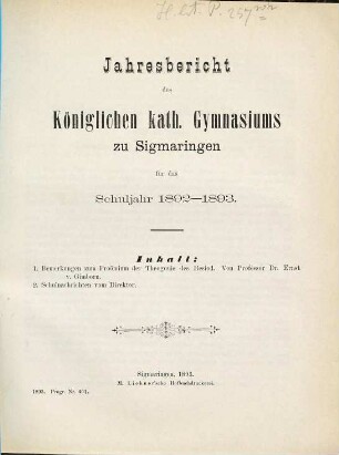 Jahresbericht : über das Schuljahr ... 1892/93
