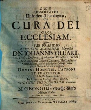 Diss. hist. theol. de cura Dei circa ecclesiam