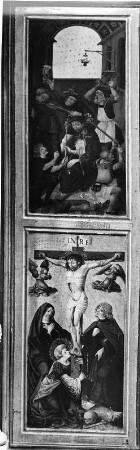 Kreuzigungsaltar : Kreuzigungsaltar. Holz, geschnitzt, gefaßt, bemalt (1505, 1605, 1668). Flügel mit Geißelung und Kreuzigung. Neuberg an der Mürz, Ehemals Zisterzienserstiftskirche Mariae Himmelfahrt