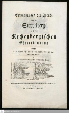 Empfindungen der Freude bey der Stoppelberg- und Rechenbergischen Eheverbindung welche den 10ten September 1770. vergnügt vollzogen wurde