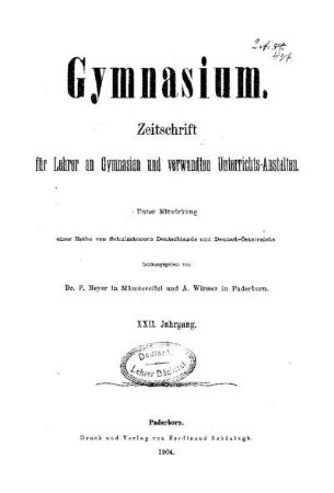 22: Gymnasium : Zeitschrift für Lehrer an Gymnasien und verwandten Unterrichtsanstalten - 22.1904