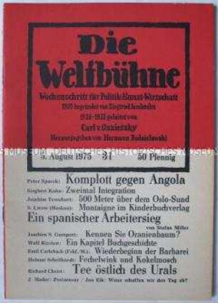 Kulturpolitische Wochenzeitschrift "Die Weltbühne" u.a. zum antikolonialen Kampf in Angola