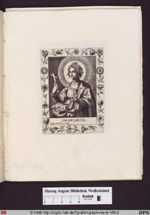 Die Heilige Margareta von Antiochien in einem Blumenrahmen mit ihren Attributen Kreuz und Drache.