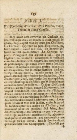 Fable I. D'un Corbeau, D'un Rat, d'un Pigeon, d'une Tortue et d'une Gazelle.