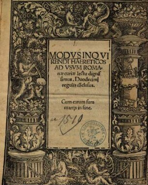 Modus Inquirendi Haereticos : Ad Usum Romanae curiae lectu dignissimus. Duodecim regulis co[n]clusus. Cum earum summarijs in fine