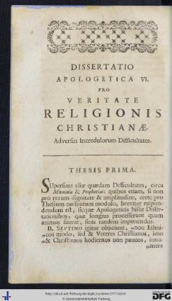 Dissertatio Apologetica VI. Pro Veritate Religionis Christianae.