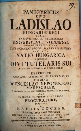 Panegyricus Divo Ladislao Hungariae Regi