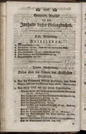Genauere Anzeige von dem Innhalte dieses Gesangbuches.