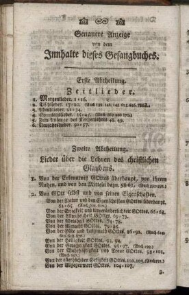 Genauere Anzeige von dem Innhalte dieses Gesangbuches.