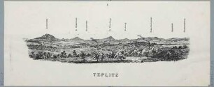 Panoramaansicht Teplitz (heute Teplice) in Böhmen, Blick nach Südosten, Bildmnitte der Berg Milleschauer (heute Milešovka), entlang der Dux-Bodenbacher Eisenbahnlinie, mit Legende