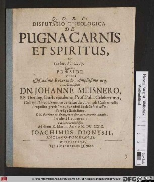 Disputatio Theologica De Pugna Carnis Et Spiritus : Ex Galat. V. v. 17.