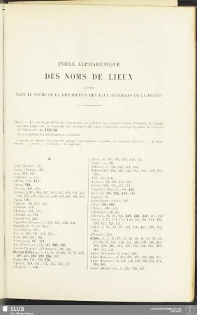 Index alphabétique des noms de lieux cités dans le cours de la description des eaux minérales de la France