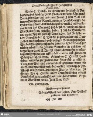 Durchläuchtigster Fürst, Hochgeehrter Herr Freund. …
