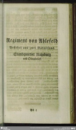 Regiment von Ahlefeld Bestehet aus zwei Bataillons. Standquartier Ratzeburg und Osnabrück