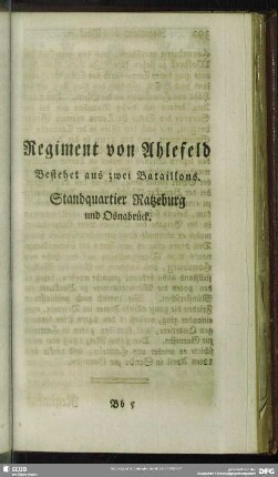Regiment von Ahlefeld Bestehet aus zwei Bataillons. Standquartier Ratzeburg und Osnabrück