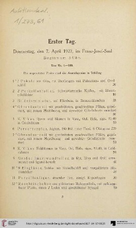 Erster Tag: Donnerstag, den 7. April 1927 (Nr. 1-180)