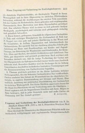 415-416 [Rezension] Klaus, Adalbert, Ursprung und Verbreitung der Dreifaltigkeitsmesse