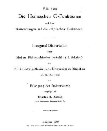 Die Heineschen O-Funktionen und ihre Anwendungen auf die elliptischen Funktionen