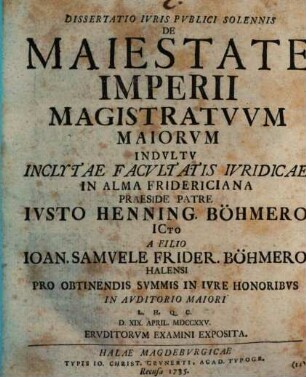 Dissertatio iuris publici solennis de maiestate imperii magistratuum maiorum