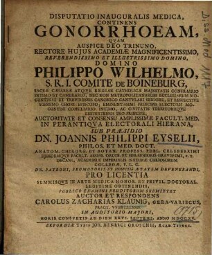 Disputatio Inauguralis Medica, Continens Gonorrhoeam
