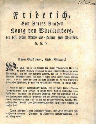 Mandat von König Friedrich zum neuen Organisations-Manifest