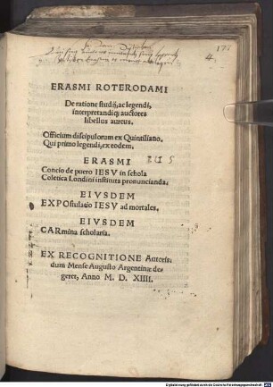 Erasmi Roterodami De ratione studij, ac legendi, interpretandiq[ue] auctores libellus aureus