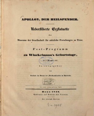 Apollon, der Heilspender : Uebersilberte Erzstatuette des Museums der Gesellschaft für nützliche Forschungen zu Trier