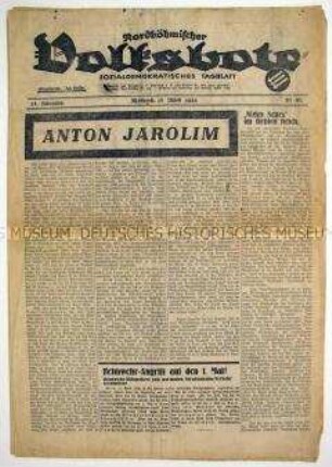Sozialdemokratische Tageszeitung "Nordböhmischer Volksbote" zum Tod des sudetendeutschen Arbeiterführers Anton Jarolim