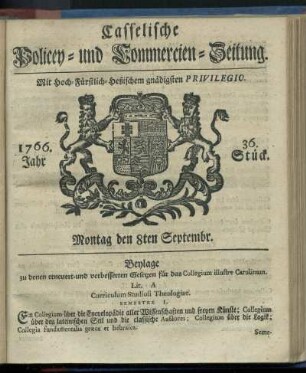 36. Stueck, Montag den 8ten Septembr. 1766