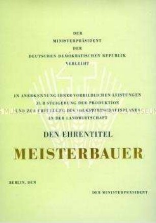 Urkunde zum Ehrentitel "Meisterbauer"