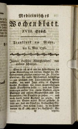 XVIII. Stück. Frankfurt am Mayn, den 6. May 1786. - XXI. Stück. Frankfurt am Mayn, den 27. May 1786.