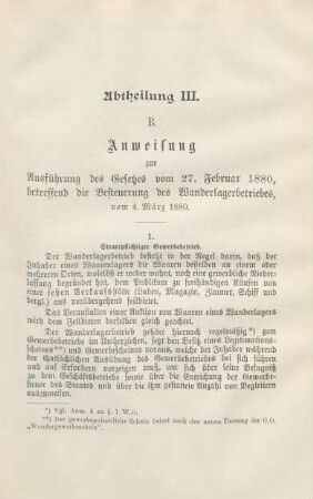 B. Anweisung zur Ausführung des Gesetzes vom 27. Februar 1880, betreffend die Besteuerung des Wanderlagerbetriebes