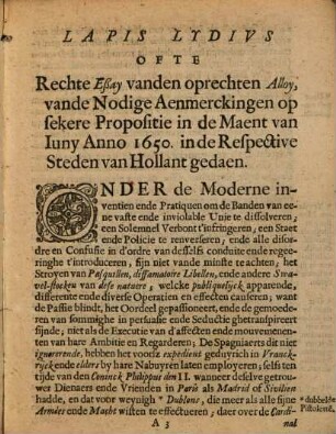 Lapis Lydius, Ofte Rechten Assay Vanden Oprechten Alloy, Vande Noodige Aenmerckingen op sekere Propositie inde Maent van Juny anno 1650, inde Respective Steden van Hollandt gedaen