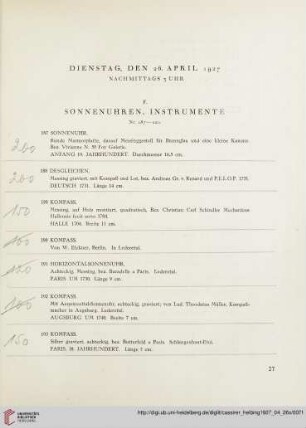 F. Sonnenuhren, Instrumente (Nr. 187-220)