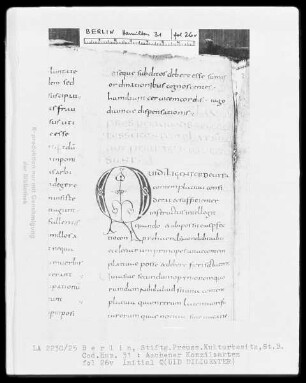 Institutio canonicorum concilii Aquisgranensis anno 816, Aachener Konzilsakten — Initiale Q(uid diligenter), Folio 26verso