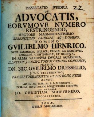 Dissertatio Jvridica De Advocatis, Eorvmqve Nvmero Restringendo