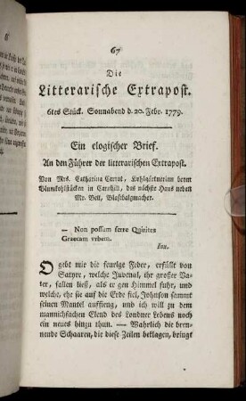 6tes Stück. Sonnabend d. 20. Febr. 1779.